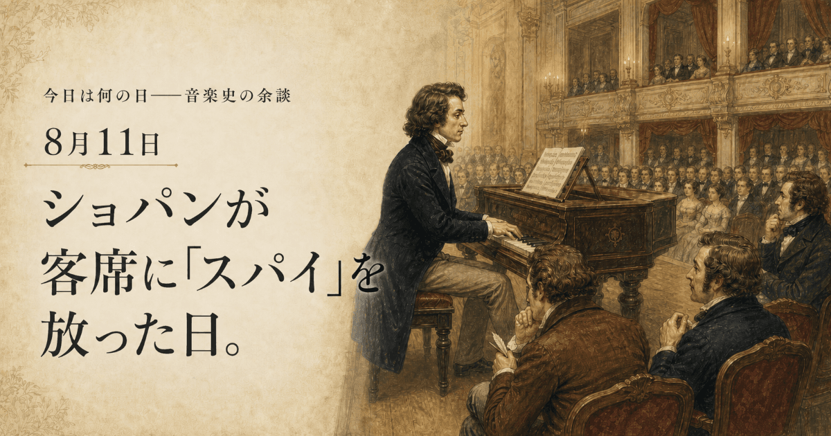 舞台でピアノを弾く若いショパンと、客席の反応をうかがう友人たちを描いたイラスト
