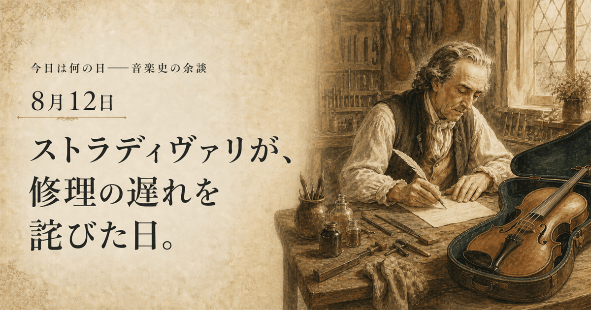1708年の工房で、修理したヴァイオリンを前に手紙を書くストラディヴァリを描いたイラスト