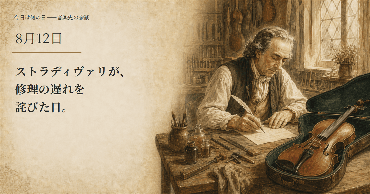 1708年の工房で、修理したヴァイオリンを前に手紙を書くストラディヴァリを描いたイラスト