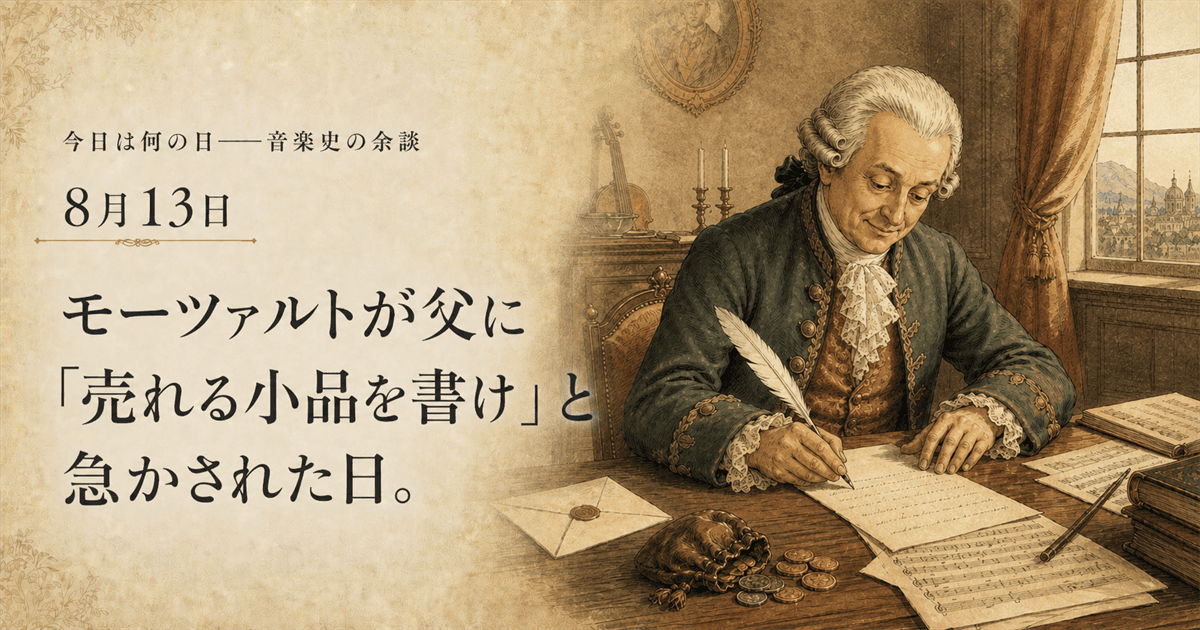 ザルツブルクの部屋で、パリのモーツァルトへ長い手紙を書く父レオポルトを描いたイラスト
