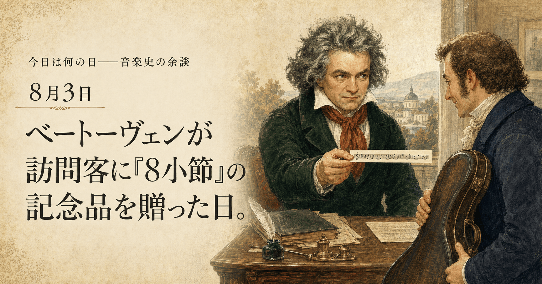 机を挟み、ベートーヴェンがチェロケースを持つ訪問客へ小さな楽譜を手渡しているイラスト