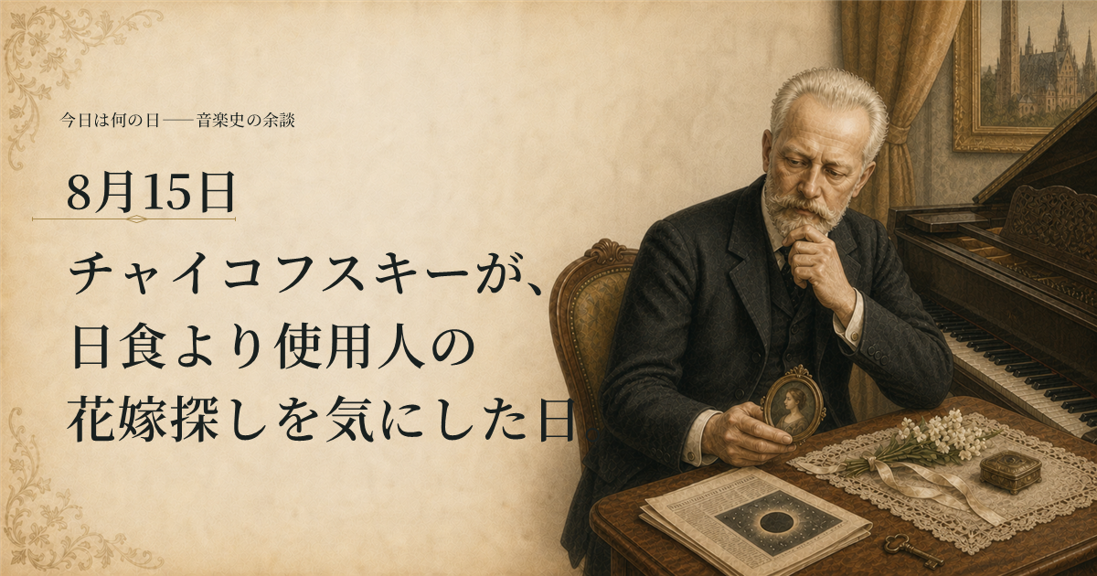 アーヘンの部屋で、日食の記事を脇に置いて使用人へ手紙を書くチャイコフスキーを描いたイラスト