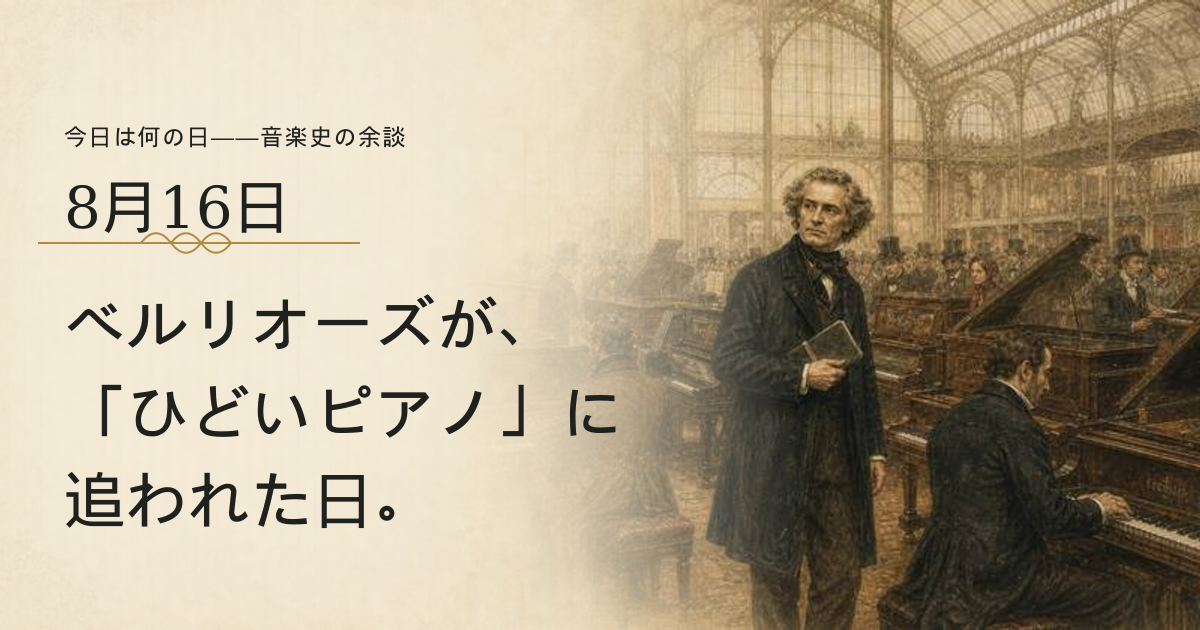 1855年のパリ万国博覧会で、並んだ多数のピアノを審査するベルリオーズを描いたイラスト