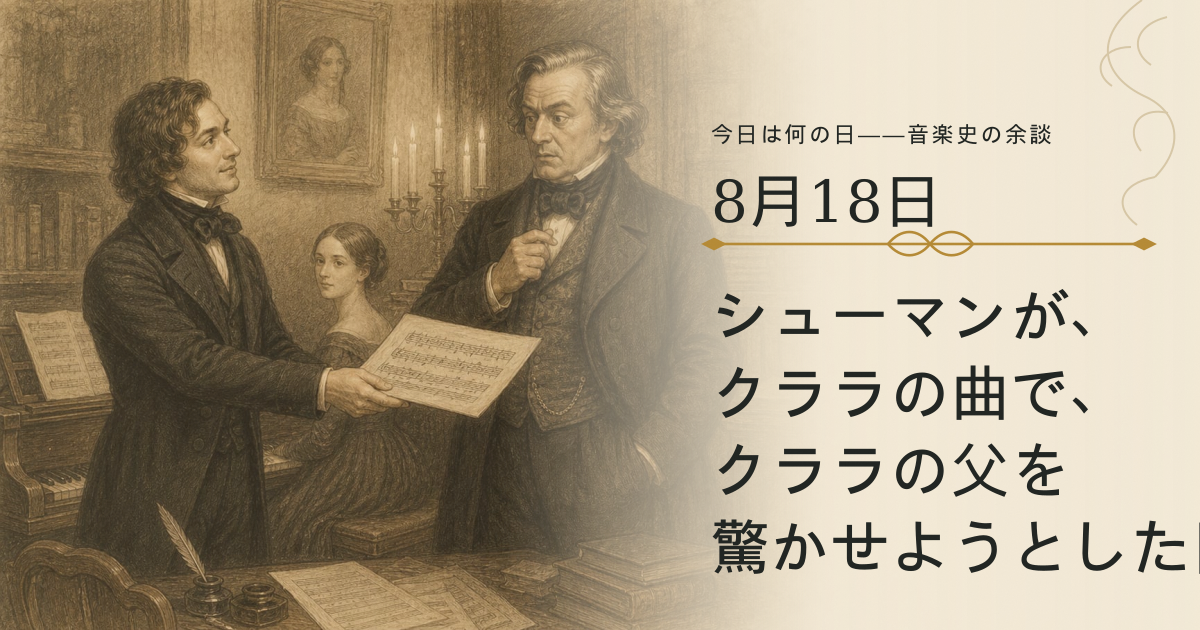 クララの旋律をもとにした楽譜を手に、フリードリヒ・ヴィークへ贈り物を渡す若いシューマンを描いたイラスト