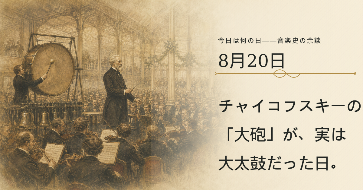 1882年のモスクワ博覧会で、大太鼓を含むオーケストラを指揮するチャイコフスキーを描いた歴史挿絵