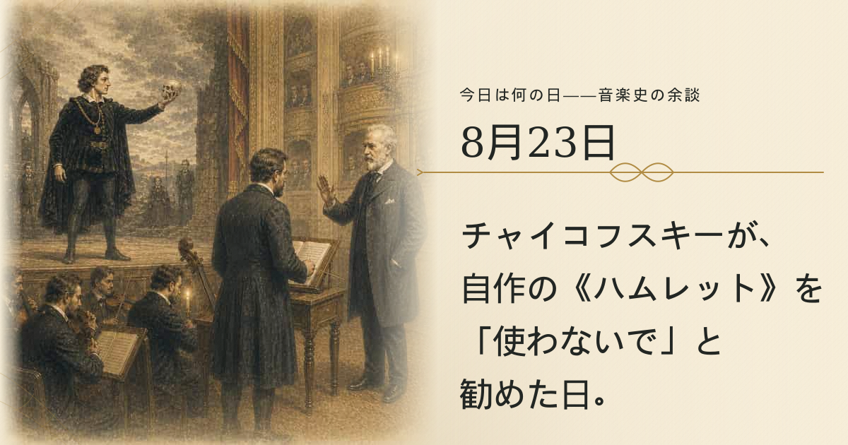 《ハムレット》の楽譜を使わないよう勧めるチャイコフスキーと、劇場の舞台を描いた歴史挿絵
