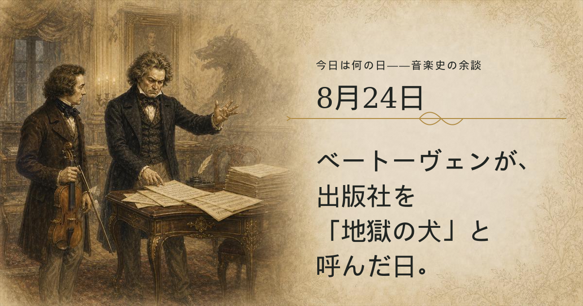 1825年の室内で、出版社からの書類を前に苛立つベートーヴェンと、ヴァイオリンを持つカール・ホルツを描いた歴史挿絵