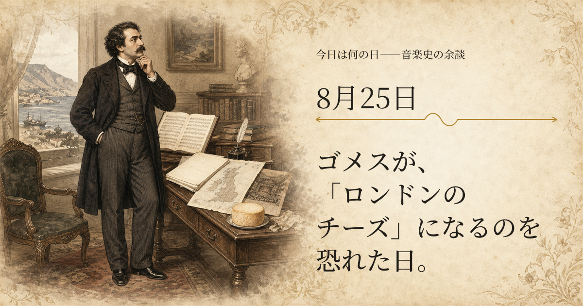 英国題材の楽譜とチーズを前に、次のオペラを考えるカルロス・ゴメスを描いた歴史挿絵