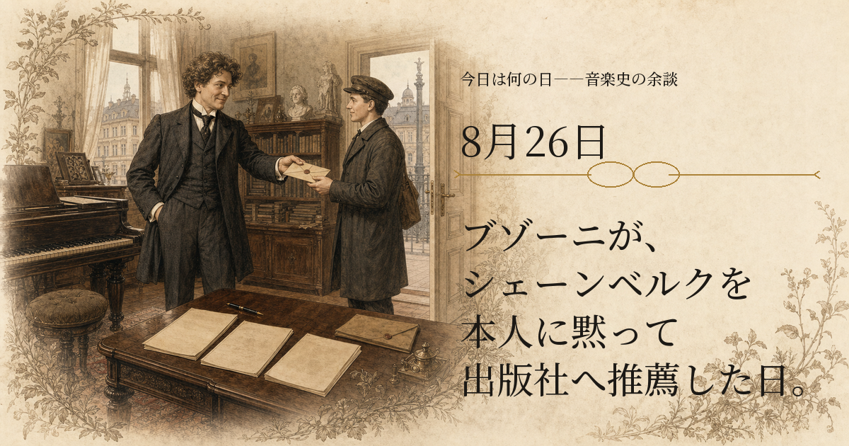 三つのピアノ曲と出版社宛ての封書を前に、推薦を先回りするブゾーニを描いた歴史挿絵