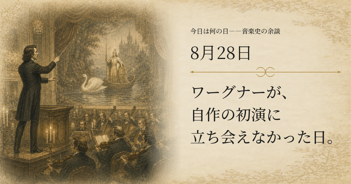 1850年のヴァイマル宮廷劇場で、リストが《ローエングリン》初演を指揮する一方、作曲者ワーグナーが不在だった舞台を描いた歴史挿絵