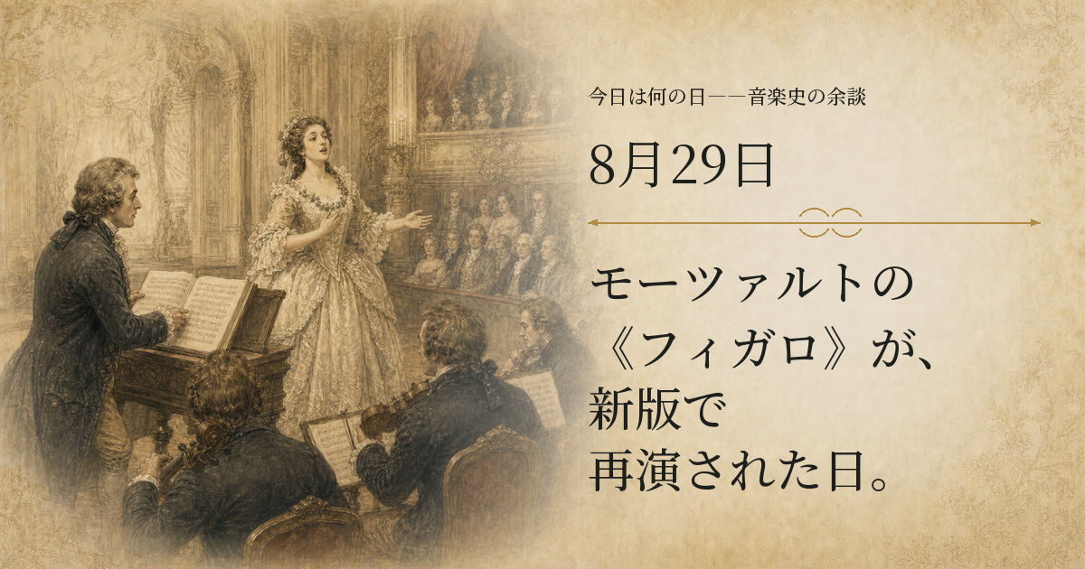 1789年のウィーン宮廷劇場で、新しいアリアを歌うスザンナ役と楽譜を確認するモーツァルトを描いた歴史挿絵