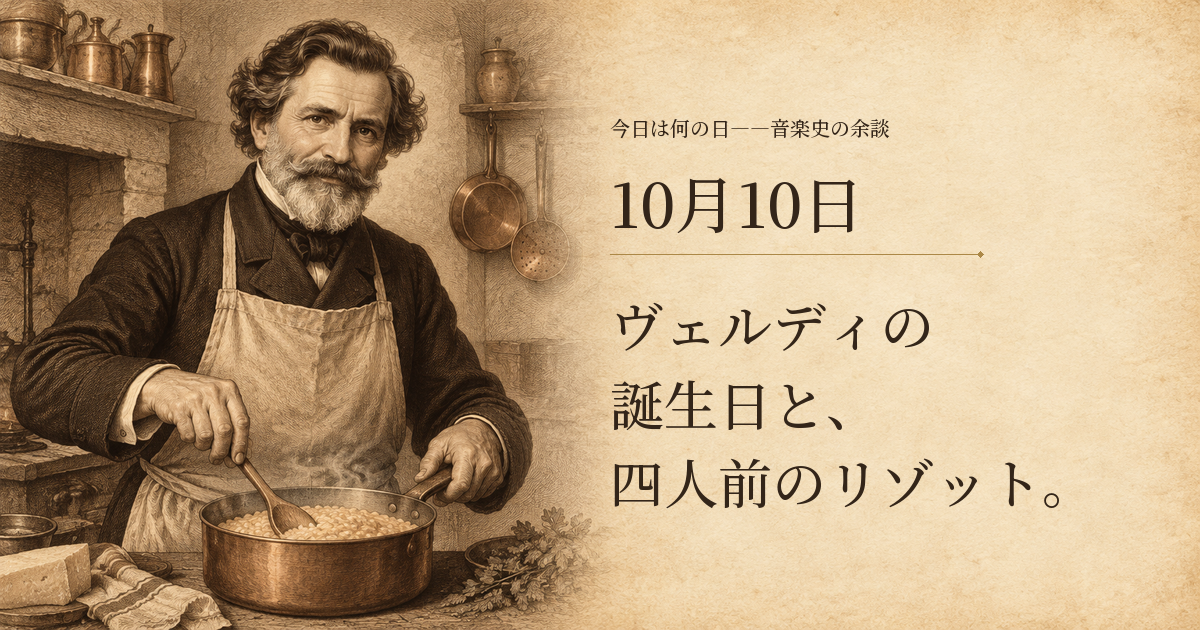 ヴェルディの誕生日と、四人前のリゾット。10月10日。鍋と木べらを手にしたヴェルディを描く、書簡紹介に基づく想像図。