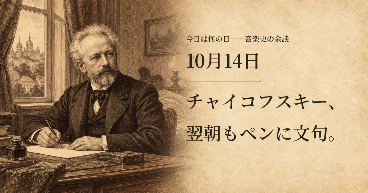 キエフの宿の机で手紙を書くチャイコフスキーを描いたセピアの想像図。右側に10月14日と記事の見出し。