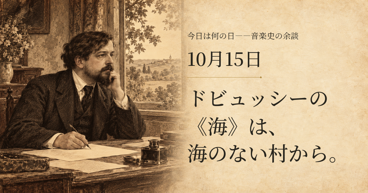 田園が見える室内で紙に向かうドビュッシーのセピアの想像図。右側に10月15日と記事の見出し。