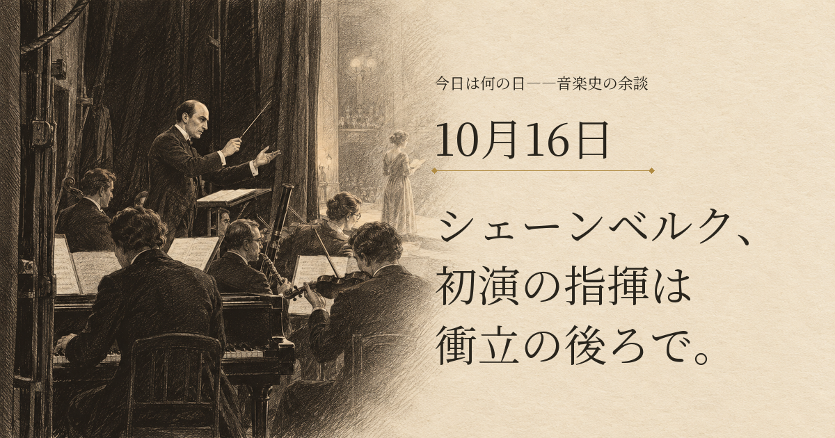 衝立の内側で合奏を指揮するシェーンベルクの想像図と、10月16日の音楽史記事の見出し。