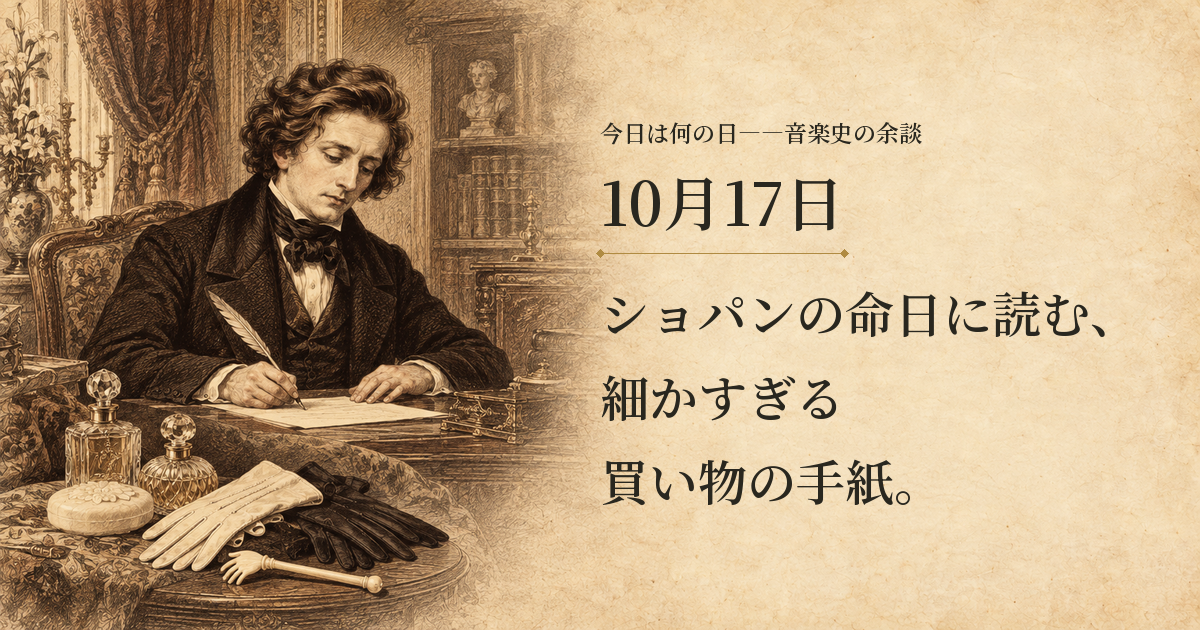 10月17日。ショパンの命日に読む、細かすぎる買い物の手紙。手紙を書くショパンと、香水・手袋・頭をかく道具を描いた想像図