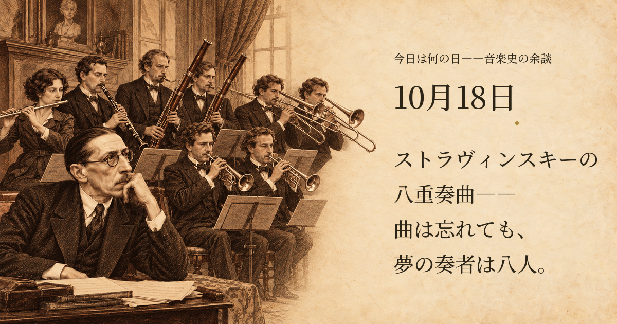 ストラヴィンスキーの八重奏曲――曲は忘れても、夢の奏者は八人。10月18日。本人が後年語った夢をもとに、小部屋の八人の管楽器奏者と作曲家を描いた想像図。