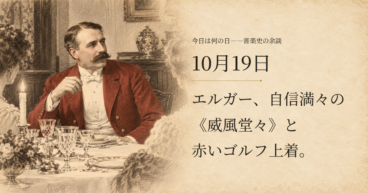 10月19日の見出しと、赤いゴルフ上着で夕食に現れるエルガーの想像図。