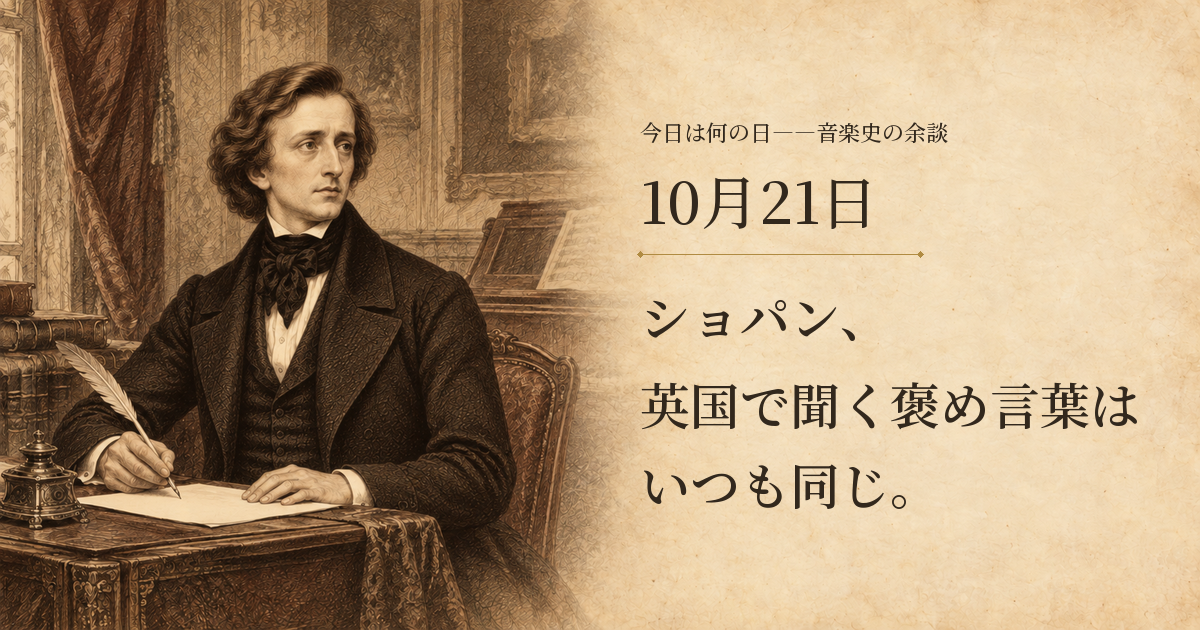 ショパン、英国で聞く褒め言葉はいつも同じ。10月21日。手紙を書くショパンと紙背景を配したセピア調の想像図。