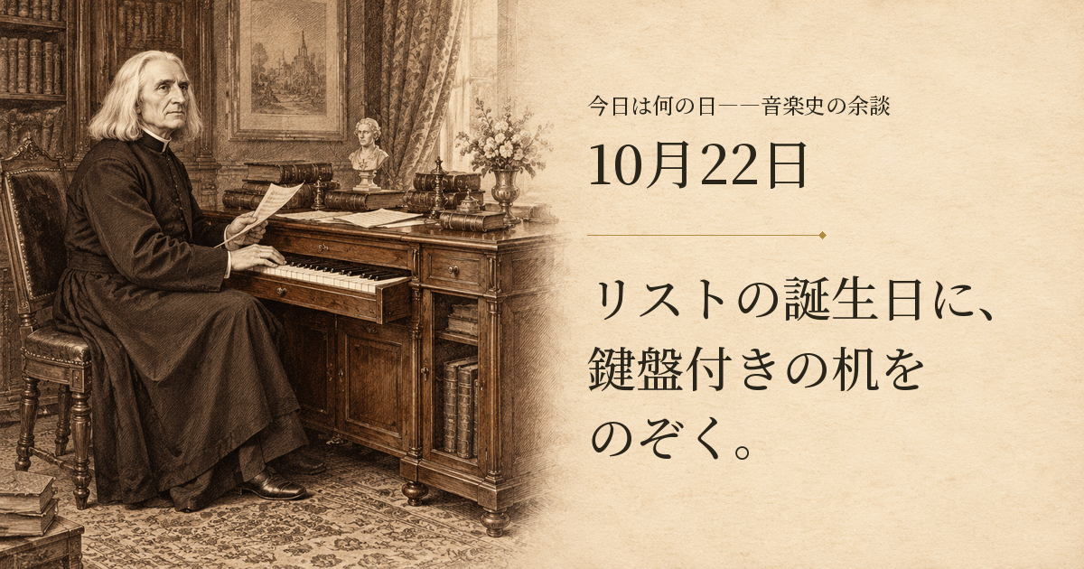 鍵盤を引き出した机に向かう晩年のリストを描いたセピア調の想像図。10月22日。リストの誕生日に、鍵盤付きの机をのぞく。