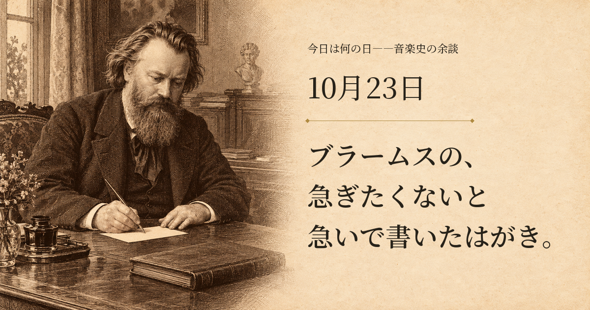 10月23日。ブラームスの、急ぎたくないと急いで書いたはがき。 はがきに向かう1878年ごろのブラームスの想像図。