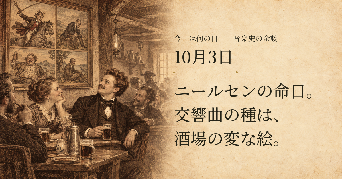 酒場で壁の滑稽な絵を見るニールセンの想像図。右側に「10月3日」「ニールセンの命日。交響曲の種は、酒場の変な絵。」と記した画像。