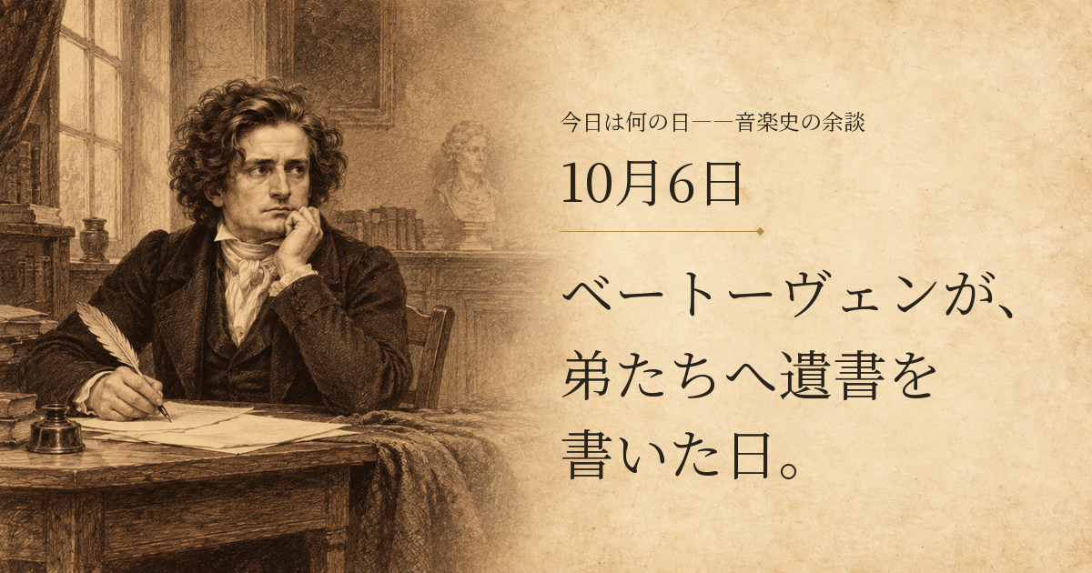 ベートーヴェンが、弟たちへ遺書を書いた日。10月6日。若いベートーヴェンが机で羽根ペンと紙に向かう姿を描いた想像図