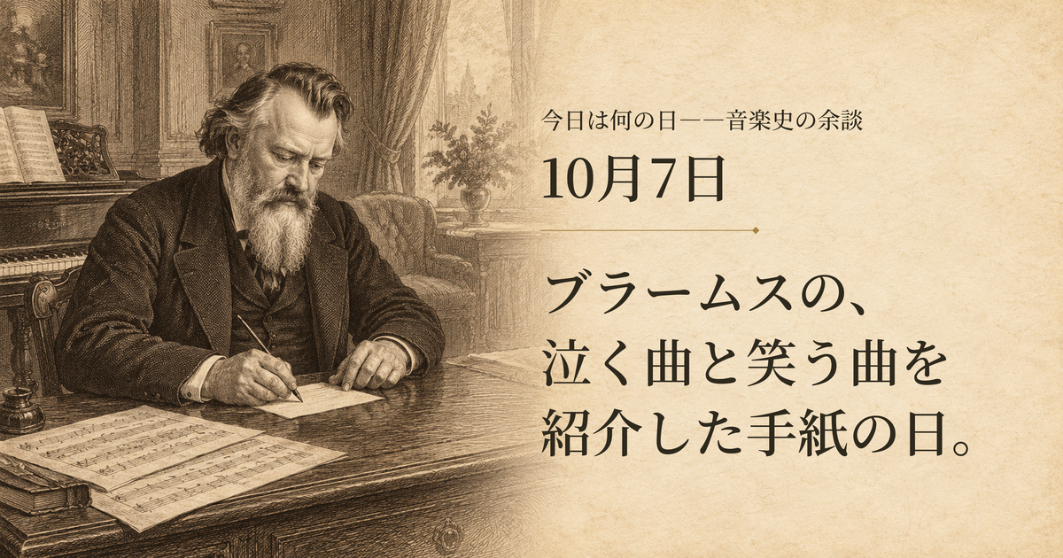 10月7日「ブラームスの、泣く曲と笑う曲を紹介した手紙の日。」。机で便りに向かうブラームスと二つの譜面を描いたイメージ。