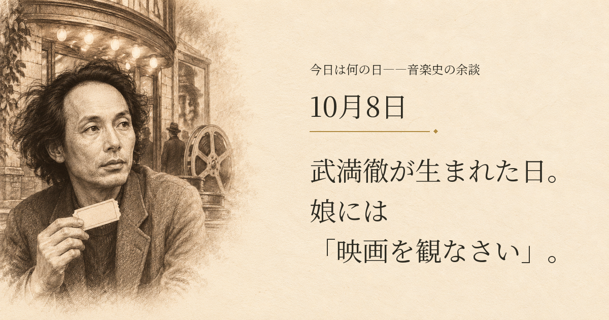 武満徹が生まれた日。娘には「映画を観なさい」。10月8日。映画の入場券を持つ武満徹を題材に、映画館を背景に描いたAI生成の想像図