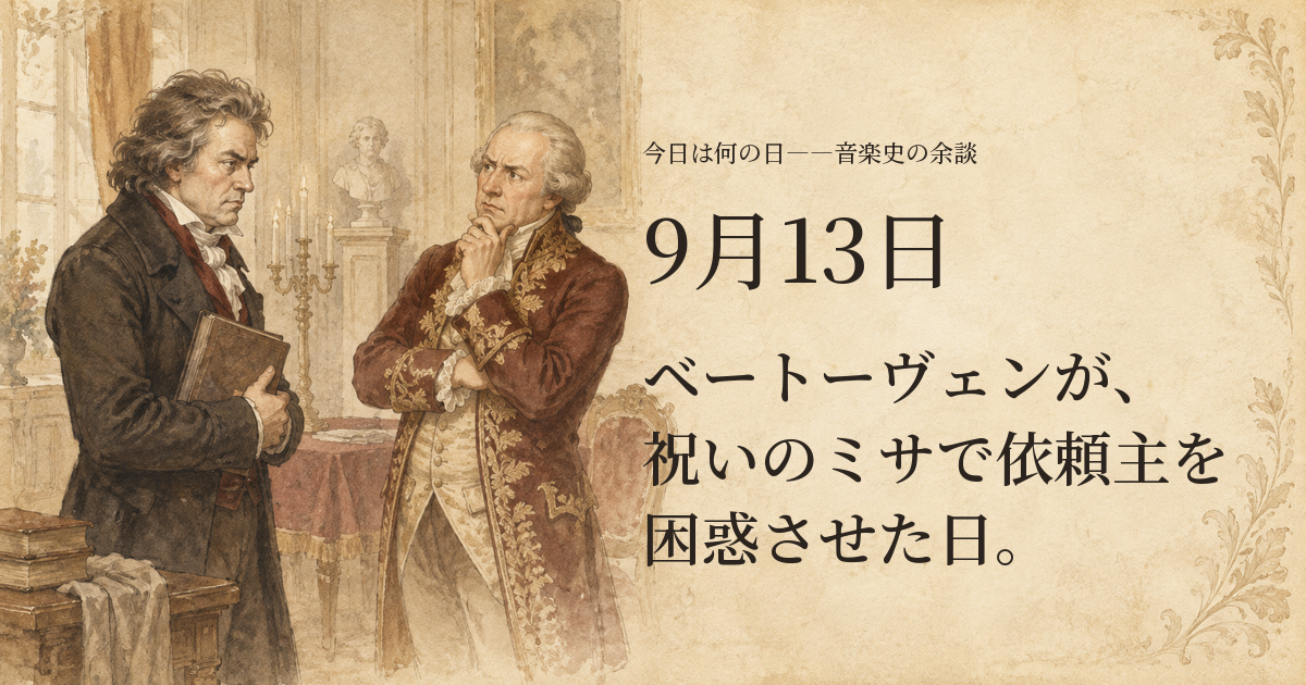 楽譜帳を抱えるベートーヴェンと、戸惑う依頼主を描いたセピア調の挿絵。9月13日、ベートーヴェンが、祝いのミサで依頼主を困惑させた日。