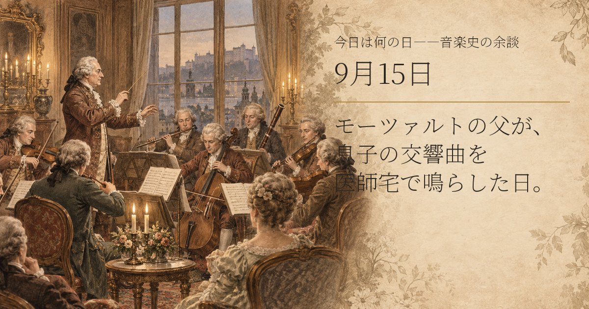 ザルツブルクの医師宅で楽団を率いるレオポルト・モーツァルトを描いたセピア調のイメージ。9月15日、モーツァルトの父が、息子の交響曲を医師宅で鳴らした日。