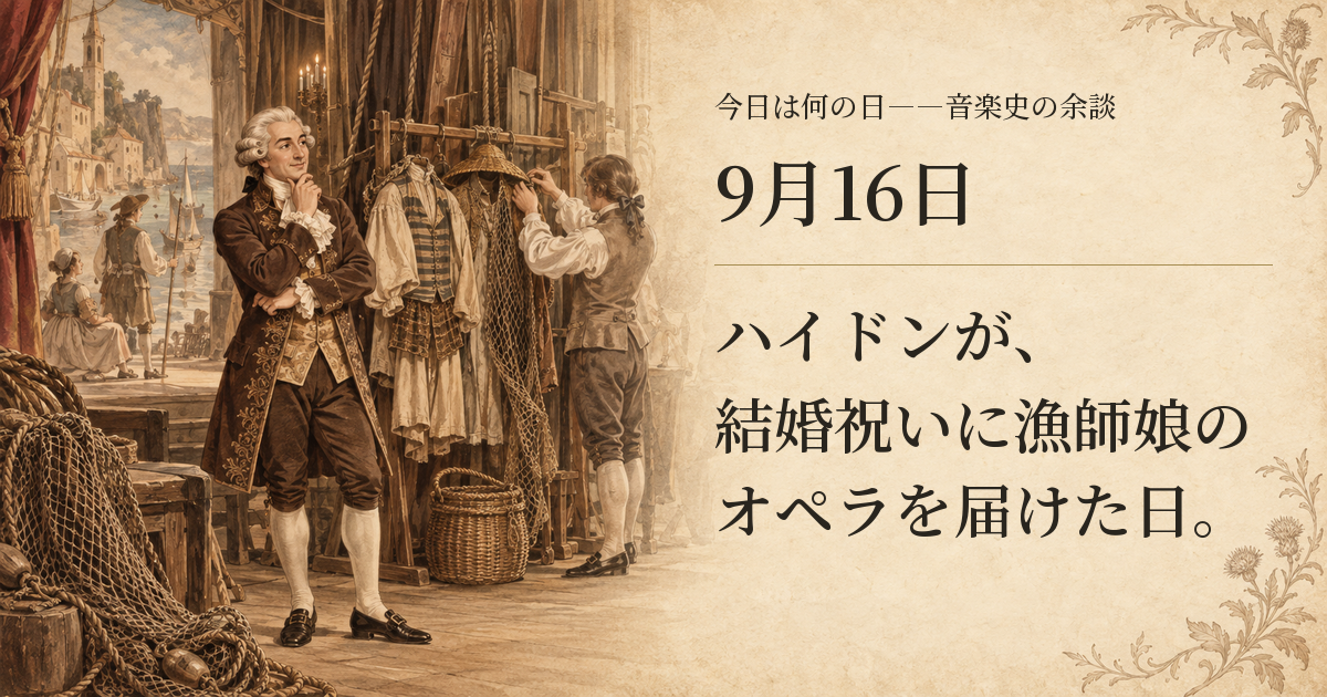 漁師衣装と漁村の舞台装置が並ぶ宮廷劇場に立つハイドンのイメージ。9月16日、ハイドンが、結婚祝いに漁師娘のオペラを届けた日。