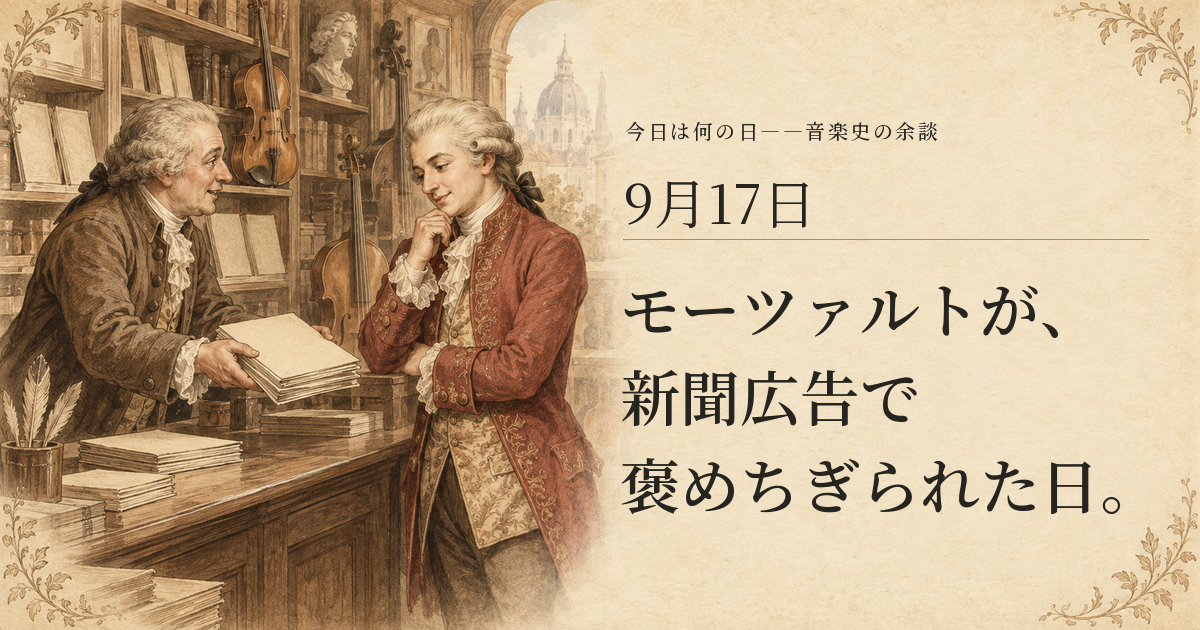 1785年のウィーンの楽譜店で、新刊を勧める店主とモーツァルトを描いたイメージ。9月17日、モーツァルトが、新聞広告で褒めちぎられた日。