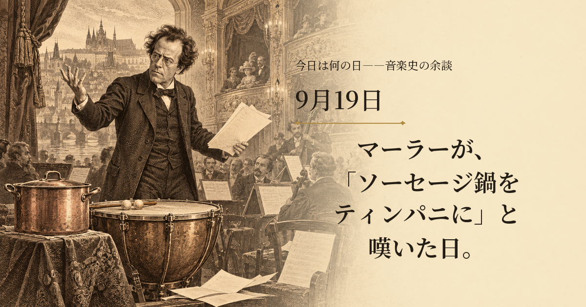 散らかった楽譜と銅鍋、ティンパニに囲まれ、楽譜を手に片手を上げて思案するマーラーを描いたセピア調の歴史挿絵。9月19日、マーラーが、「ソーセージ鍋をティンパニに」と嘆いた日。