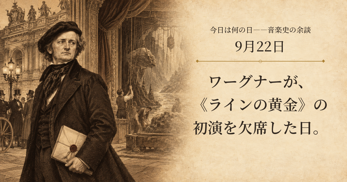 ミュンヘンの歌劇場を背にするワーグナーと、《ラインの黄金》の舞台準備を重ねたイメージ。9月22日、ワーグナーが、《ラインの黄金》の初演を欠席した日。