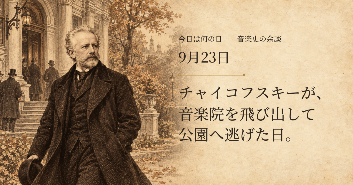 音楽院を離れ、秋の庭園へ向かうチャイコフスキーを描いたセピア調のイメージ。9月23日、チャイコフスキーが、音楽院を飛び出して公園へ逃げた日。