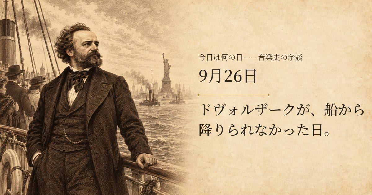 1892年の汽船甲板に立つドヴォルザークとニューヨーク港を描いた想像図。人物や配置は史料による当日の再現ではありません。