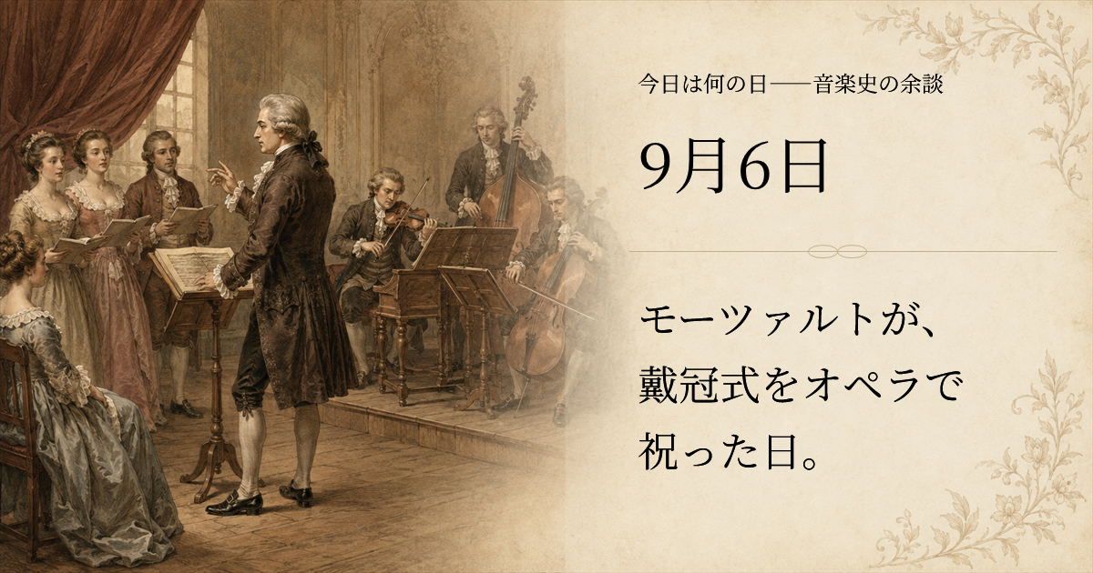 1791年のプラハの劇場を想起させる稽古場で、歌手と器楽奏者に向き合うモーツァルトを描いた歴史挿絵